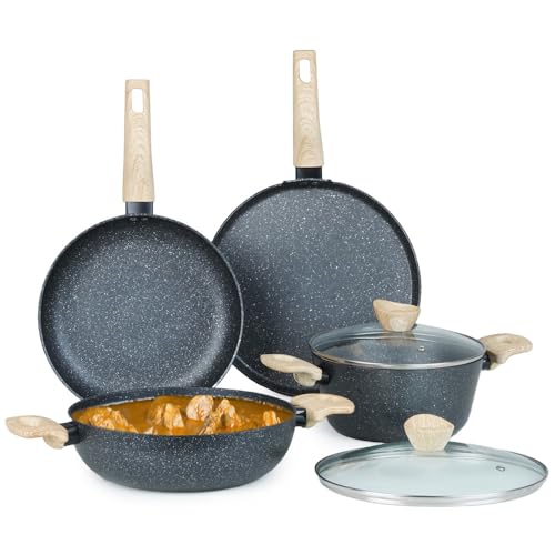 Image of Kreme Venetia Premium Series Granite Non-Stick 6 Pc Cookware Set | Kadai with Lid, Frypan, Dosa Tawa and Sauce Pot | Granite Coating | Induction & Gas Stove Use | Healthy Low-Oil Cooking, Grey