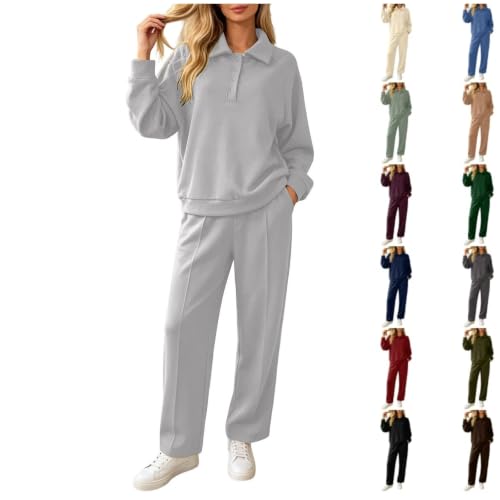 XINGJIAARTS Jogger Sets For Women 2 Piece Wide Leg Sweat Pants Tracksuit Quarter Button Long Sleeve Sweatshirt Travel Outfit GY1 Small
