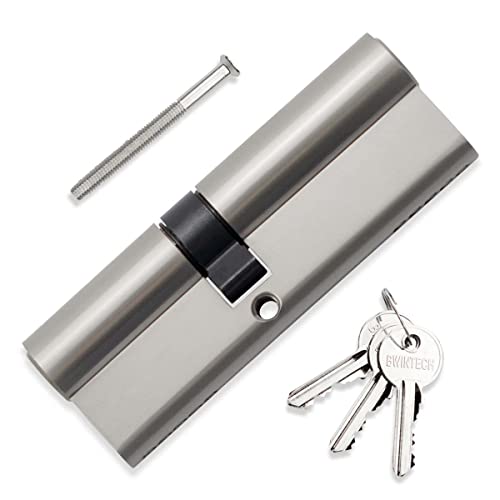 Bwintech 90 mm (40/50) Cerradura de cilindro de níquel satinado Euro, Cerradura de barril de puerta, Llave / Llave con 3 llaves estándar, Antiganzúas, Antigolpes, Antitaladro Cover