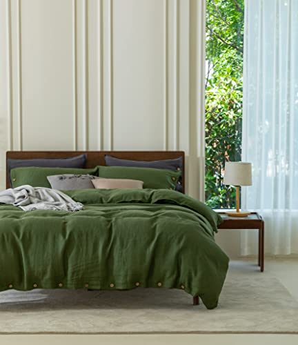 Everly 100% Pure Linen Duvet Cover Set Queen Size104’’X90’’3Pcs (1 Duvet Cover,2 Pillowcases) Soft And Breathable For All Season With Coconut Button Closure, Suitable For Hot Sleepers-Mossy Green #TOP7