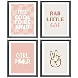 Picture of AEHIE Rad Little Gal Retro Pink Beige Preppy Checkered Peace Sign Girl Power Poster Prints for Girl Teen Room Dorm Decor,Preppy Decorations Prints Wall Art Unframed 4pcs 12x16inches,Teen Girls Gifts