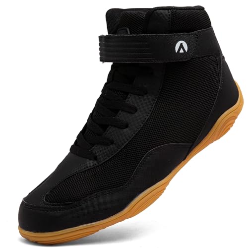 Mufanton Botas de Lucha para Hombre Zapatos de Lucha Profesional Deportivos Ligeros Zapatos de Boxeo para Entrenamiento físico Wrestling Shoes,Negro Amarillo,EU42