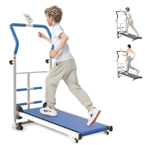 RIDEONMOP Cinta de correr plegable para niños y adultos, cinta de correr autoalimentada para gimnasio en casa, cinta de correr con pasamanos ajustable en altura e inclinación, color azul
