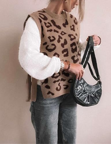 Image of Yeokou Women Leopard Print Sweater Vest Side Tie Knit Tank Tops Sleeveless Crew Neck Casual Fall Outfits(Camel-L)