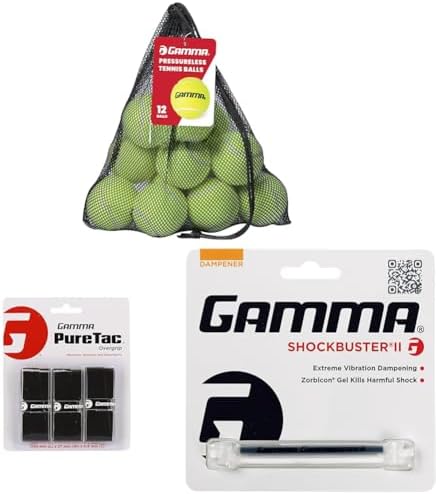 GAMMA Pressureless Tennis Balls - 12 Bag + PureTac Overgrip - Black - 3 Pack + Shockbuster II Vibration Dampener - White/Black Bundle image 2