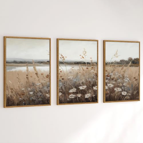 GUBIYU Vintage Wall Art Framed Retro Countryside Autumn Wildflower Field Landscape Canvas Painting Farmhouse Decor Wall Art Rustic Fall Landscape Bathroom Wall Decor Vintage Prints for Bedroom 16×24
