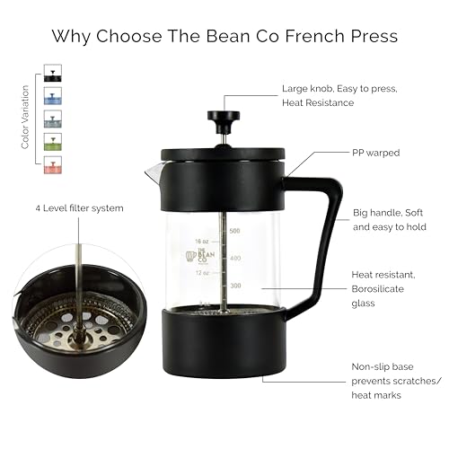 Image of THE BEAN CO French Press Coffee Maker 600 ml | Heat Resistant Borosilicate Glass | 4 Level Filteration (Pink)