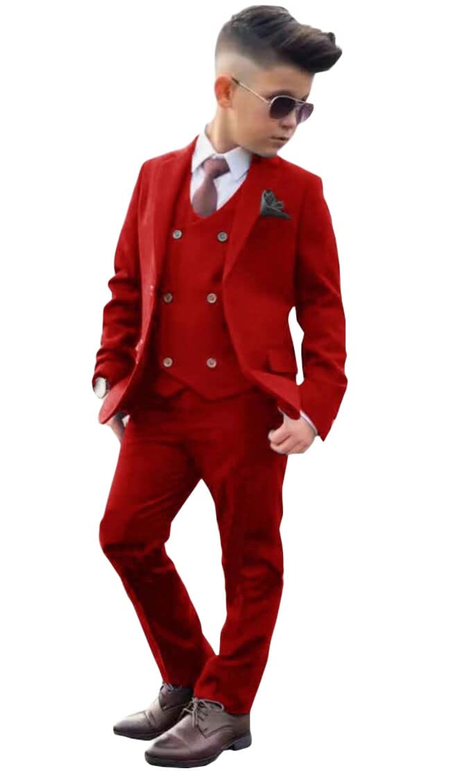 Formal Boy's Suit 3 PC Peak Lapel Flower Boys Tuxedos Blazer Vest Pants for Kids Dresswear Suit Red 12T