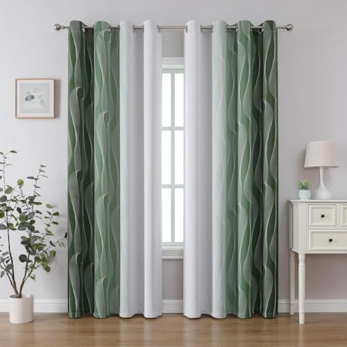 Gazal Vole Ombre Room Darkening Curtains – Modern Gradient Eyelet Drapes with Wave Line Pattern, 80-90% Darken Light Window Treatment for Living Room Bedroom & Office (Green+White)-52x63 inch