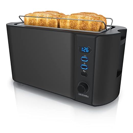 Arendo - Tostadora 4 rebanadas con Ranuras largas - 1500 W - 6 Niveles - Pantalla indicadora - Descongelación y Calentamiento - Soporte panecillos - Bandeja de Migas - Doble Pared - Acero Inoxidable