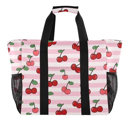 Pink White Striped Fruit Cherry Utility Tote Bag For Women Collapsable Waterproof Canvas Beach Bag Tote
