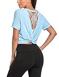 MGOOL Workout Tops für Damen offener Rücken Yoga Fitness Studio kurzärmelig athletische Hemden lockere Passform Bauchfreies Oberteil (blau, M)