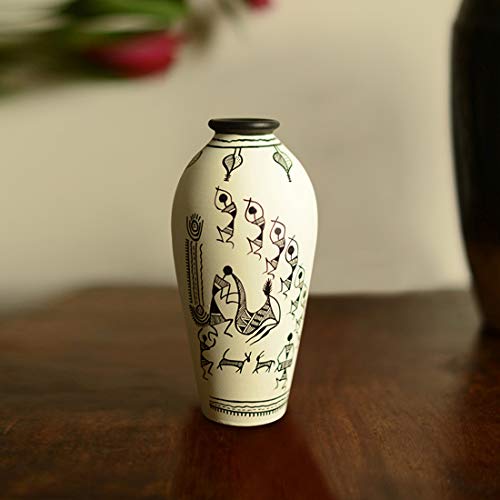 ExclusiveLane 6 Inch Warli Handpainted Living Room & Home Decorative Round Shaped Showpiece & Flower Terracotta Vase (White)