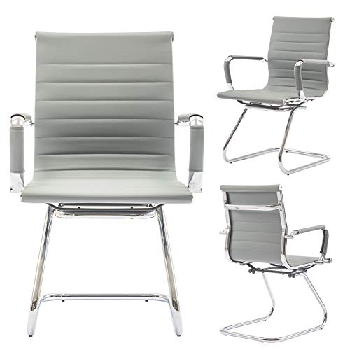 Image of Conference Room Chairs Set of 2, Waiting Room Chairs with Arms, Faux Leather Reception Chairs No Wheels, Office Guest Chairs with Mid Back Support and Chrome Sled Base, Grey