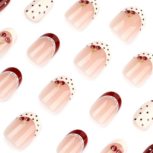 Image of Red White Press on Nails Short Almond Fake Nails Polka Dot Nail Press ons