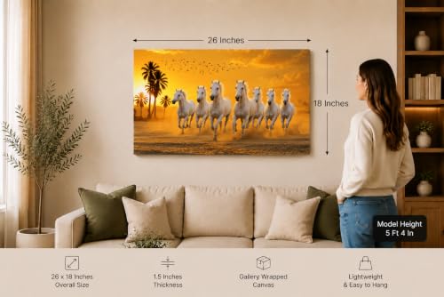 Image of 7 Horse Vastu Sunrise Canvas Painting | Positive Energy Wall Decor | Big Size Premium Running Horses Artwork for Home, Office & Hall Decoration (Modern, Sky Horse, 26x18 Inch)