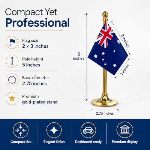 Image of The Flag Company Country flag for car dashboard | 2x3 Inch Flag with Elegant Golden Base & Pole | Car Dashboard Flag (Australia)