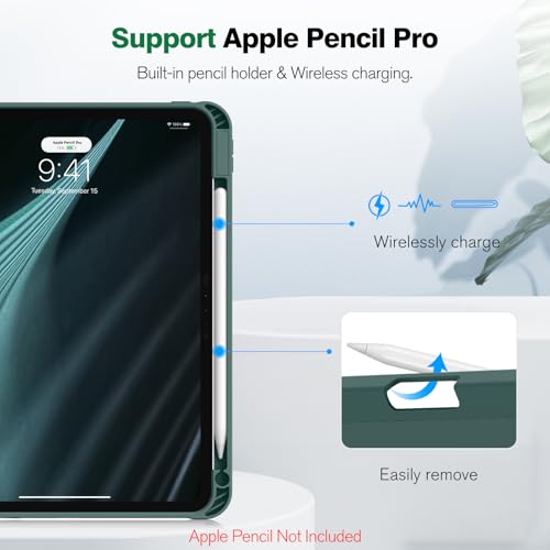 Image of Fintie SlimShell Case for iPad Pro 11-inch (M5) 2025 / (M4) 2024 - [Built-in Pencil Holder] Soft Flexible TPU Protective Stand Back Cover, Midnight Green