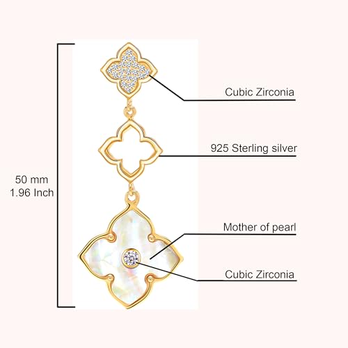 LeCalla 925 Sterling Silver Drop Earrings | Mother of Pearl Clover Earring | Mother of Pearl Stud Earring | Zirconia MOP Drop Dangle Hoop Earrings for Women3
