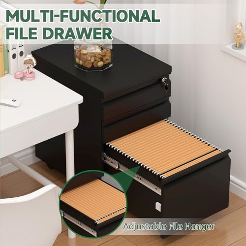 Image of Filing Cabinets for Home Office, Printer Table with Caster, Lockable Office Cabinet with 3 Drawer, Small File Cabinet for Letters /A4, No Assembly Required, Black