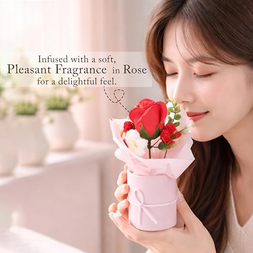 Image of Art Street Artificial Rose & Knitted Daisy Flower Bouquet in Pink Box - Handmade Decorative Floral Arrangement for Home Decor, Mothers Day Gifting, Office Table, & Anniversary