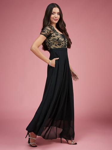 Image of Miss Chase Women's V-Neck Full Sleeve Self Design Lace-Overlaid Georgette Maxi Dress