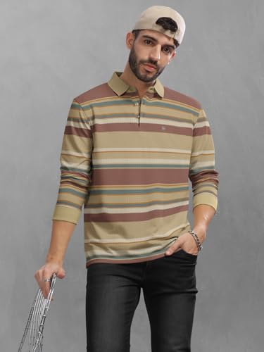 Image of BULLMER Striped Textured Printed Polo Neck Fullsleeve T-Shirt with Rib for Men