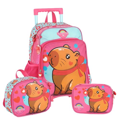 Kit Mochila com Rodinhas + Lancheira Térmica + Estojo Box Capivara Pink UP4YOU 2026