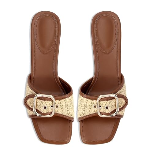 Image of Dsevht Black Kitten Heel Sandals Stiletto Low Heels Slip On Slides Mule Sandal Square Open Toe Dress Shoes for Women