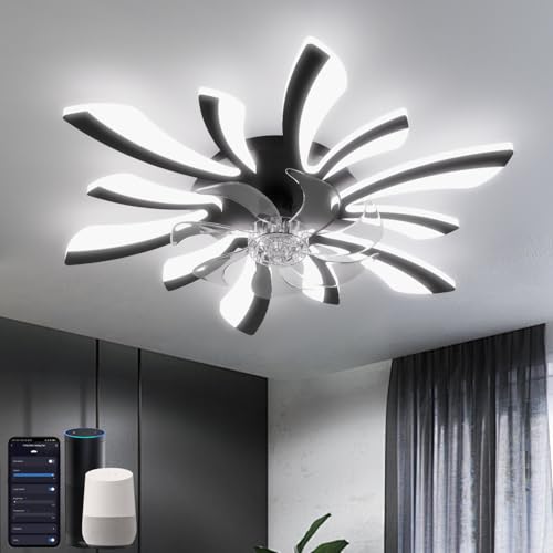 YUNLONG Smart Ventilador de Techo con Luz Silencioso, WiFi Lámpara Ventilador Techo Compatible con Alexa Google Home, Control por Voz/Mando/App, Plafon Ventilador Techo para Dormitorio, Cocina, Negro