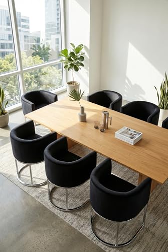 Image of HNY Mid Century Modern Upholstered Barrel Dining Chairs with Arms Set of 6, Velvet Kitchen & Dining Room Chairs, 18.5 inch Wide Accent Chairs for Dining Room Living Room with Chrome Metal Frame, Black