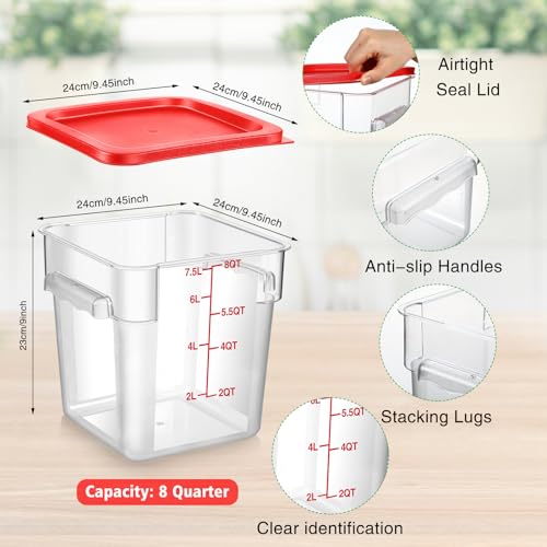 Image of Suclain 2 Pcs Square Food Storage Container Polycarbonate Clear Food Container with Lid Commercial Rice Storage with Graduations for Commercial Kitchen(8 Qt,Red)