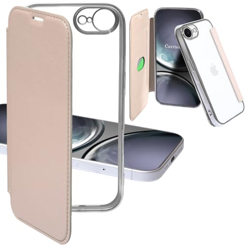 Carrier-City iphone 16e ケース 手帳型 背面クリア 薄型 透明 軽量 カバー かわいい オシャレ カードポケット カードケース スマホケース (iphone 16e, ベージュ)