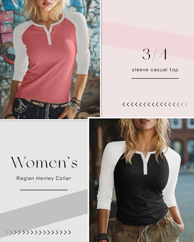 3 Pack Womens 3/4 Sleeve Shirts V Neck Tunic Blouses Color Block Basic Raglan Tops Button Henley Loose Fit T Shirts4