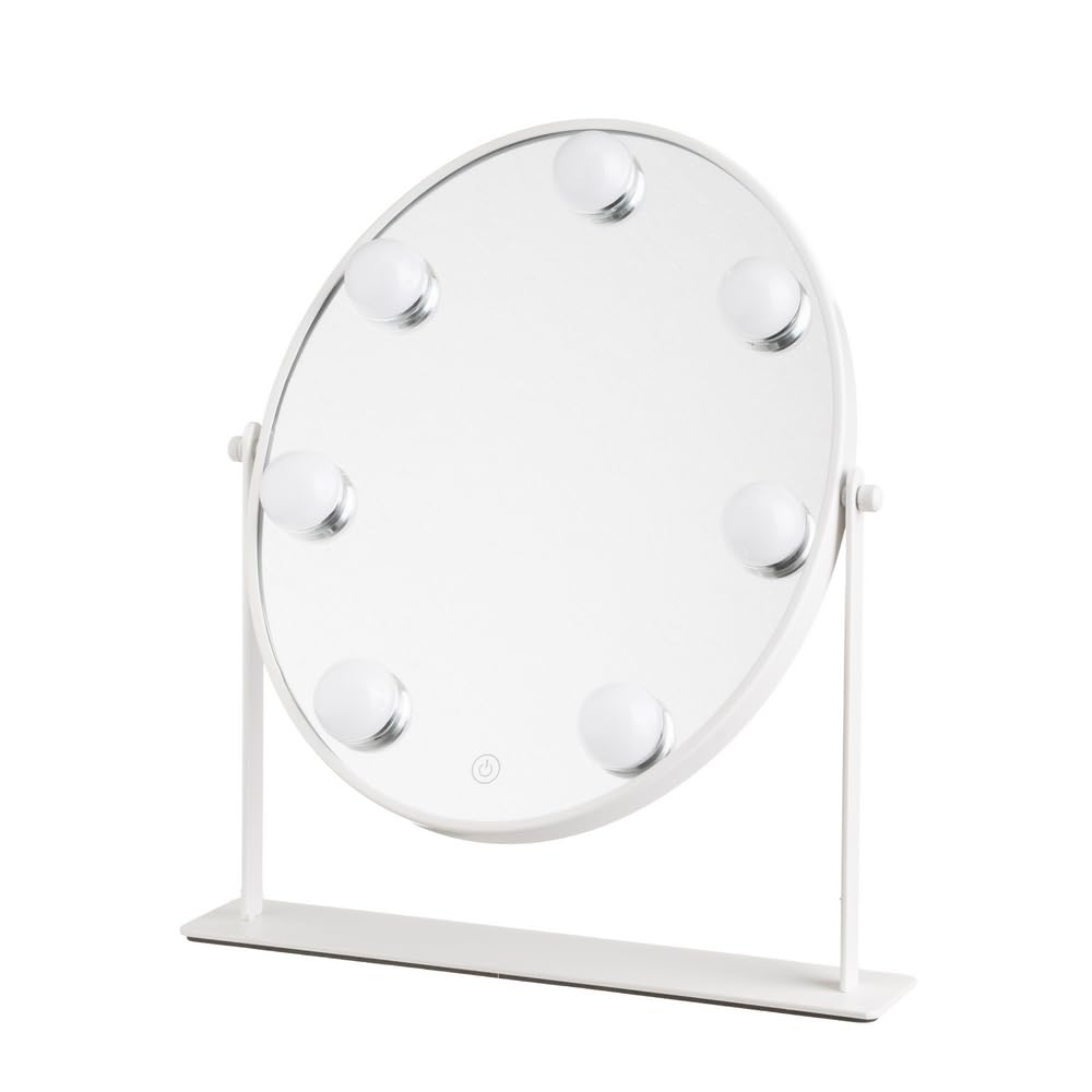 LOLAhome Espejo Maquillaje con luz LED, Espejo de Tocador de Mesa, oscilante 180 °, Encendido Táctil, Intensidad de luz Ajustable, Espejo Portátil con Base, Espejo Camerino,Redondo Bombillas Blanco
