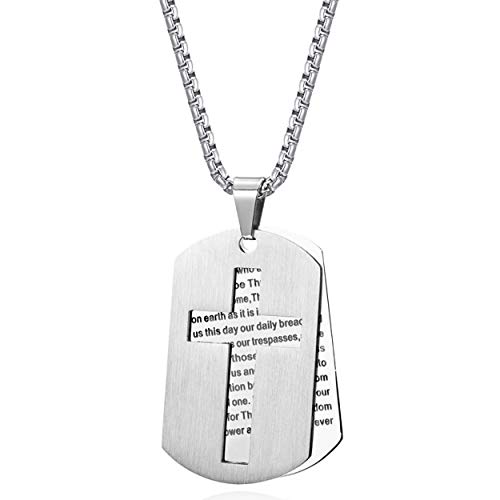 Collier pendentif croix Our Father bijou quotidien acier inoxydable 61cm