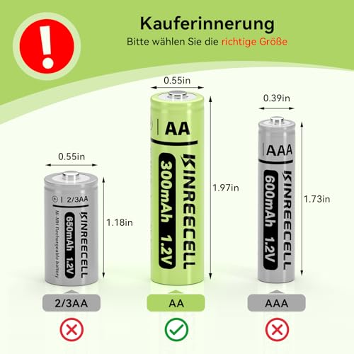 KINREECELL Wiederaufladbare AA-Batterien, NI-MH-Doppel-A-Solarbatterien mit Reale Kapazität, 1.2 V vorgeladen für Solarleuchten, Lichterketten, Solar-Wegeleuchten (AA-300 mAh, 12 Stück)