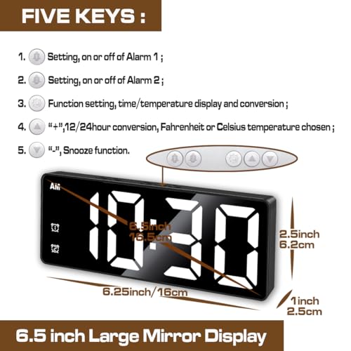 Image of Small Digital Alarm Clock, Mirror Surface LED Electronic Clocks with Large Display, Adjustable Brightness and Snooze Model for Bedroom, Desk, Office, Blackcase White Digit