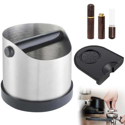 Lotvic Coffee Knock Box, 700ML Stainless Steel Coffee Grounds Knock Box with Tamping Mat and Espresso Distribution Tool, Non-Slip and Shock-Absorbent Coffee Knock Box with Removable Knock Bar