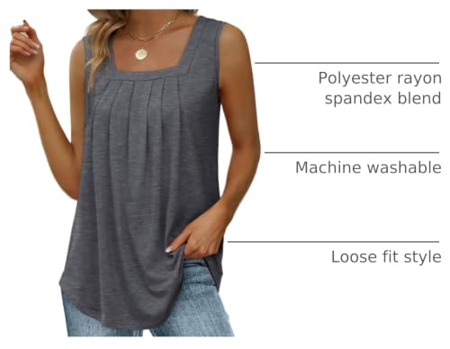 Image of Saloogoe Summer Tank Tops for Women Loose Fit Pleated Square Neck Sleeveless Tops Curved Hem Flowy