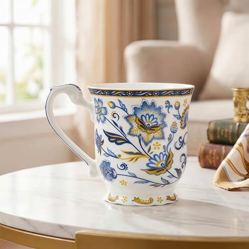 Taza de porcelana con diseño floral azul de 11.8oz miniatura 4