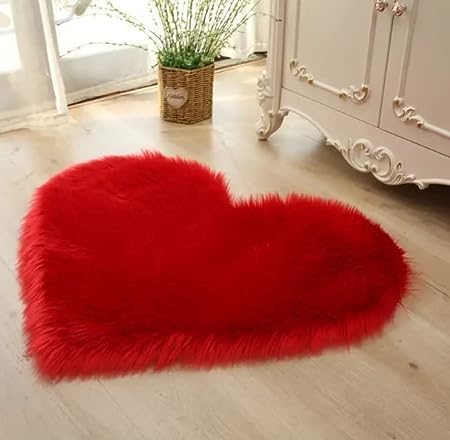 POPLEY Heart Shape Bed Mat Fluffy Heart Shaped Rug Faux Area Rug Bushy Room Carpet for Home Living Room Sofa Floor Bedroom(Multicolor) (Red)-image-33