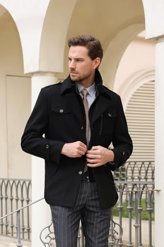 YOUTHUP Herren Wintermantel Wolle Winter Kurzmantel Mittellang Wollmantel Kurz Winterjacke für Business Freizeit, Schwarz-Dick, L