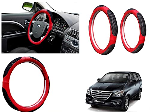 Image of Microfiber Car Steering Wheel Cover, Soft Padding Great Hand Feel, Anti-Slip, Faux Leather Steering Cover for Toyota Innova 2013 2015 | Black Red Jali - Pack of 1