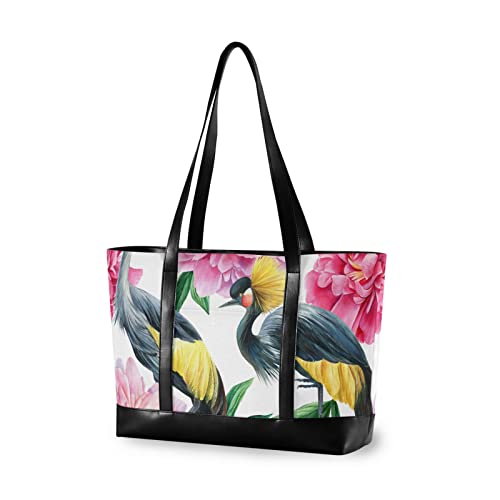 susiyo Peonies and Birds Crane Laptop Tote Bag for Women 15.6 Inch Canvas Zip Large Travel Shoulder Handbag Business Office Work Bag Briefcase