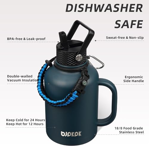 Image of BJPKPK Large Insulated Water Bottles with Straw Lid & Handle, 50oz Water Bottle with 3 Lids and Paracord Strap, Stainless Steel Metal Water Bottle, Insulated Water Jug, Navy Blue