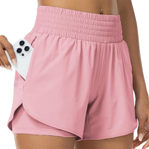 Image of SCCGKP Women 2-in-1 Running Shorts with Pockets Quick Dry Activewear Shorts Lightweight Gym Yoga Sport Shorts for Ladies Workout Hiking Training (UK, Alpha, M, Regular, Regular, Pink)