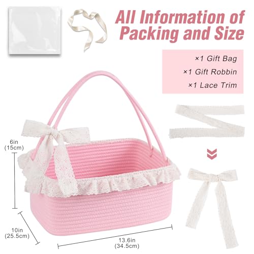 Image of OIAHOMY Gift Basket with Long Handles, Large Woven Baskets for Gifts with Gift Bag, Ribbons and Lace, Cotton Rope Storage Basket for Birthdays, Baby Showers, Picnic, Wedding DIY Presents - Pink