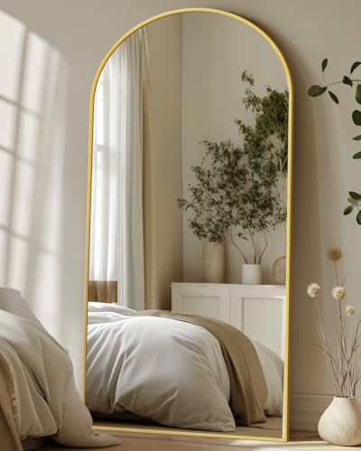 antok Ganzkörperspiegel, 180 x 66 cm Gewölbter Standspiegel Groß in Voller Länge, Wandspiegel mit Aluminiumlegierung Rahmen und Bruchsichere Glas, Bodenspiegel für Wohnzimmer, Ankleide, Gold