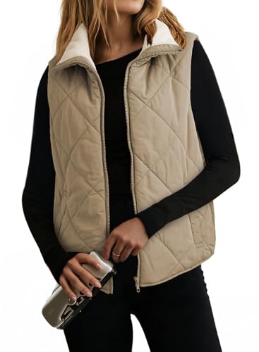 Dokotoo Womens Oversized Puffer Vest Casual Full Zip Stand Collared Fleece Vest Quilted Padded Warm Coat Outwear